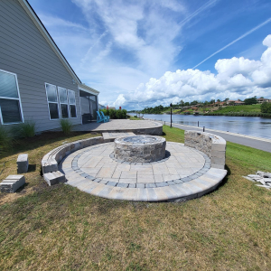 Pavers used to create a stunning back patio with fire pit. Hardscape&#039;s done in Myrtle Beach