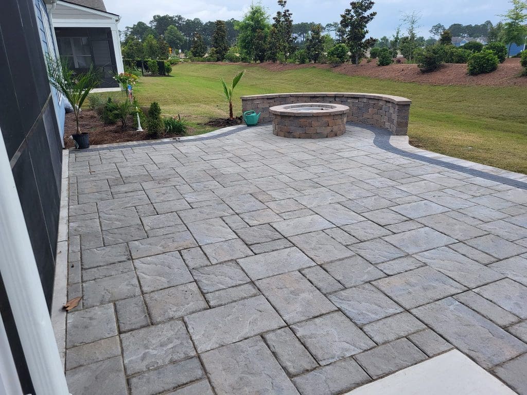 Rectangle Belgard paver patio with a paver outdoor fire pit