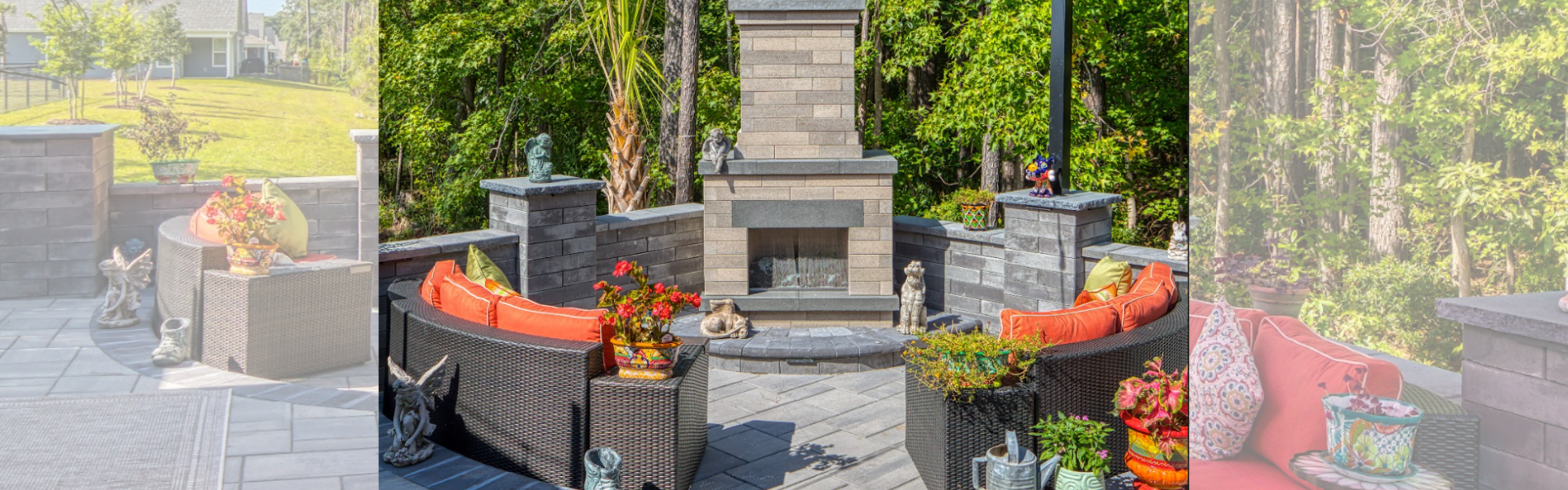 brick outdoor fire place with hardscape wall and brown chairs with orange cushions