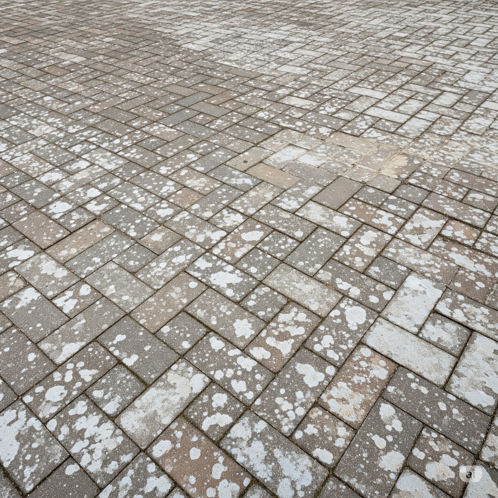 Extensive efflorescence, a common white mineral deposit, disfiguring the surface of brown and gray interlocking pavers.