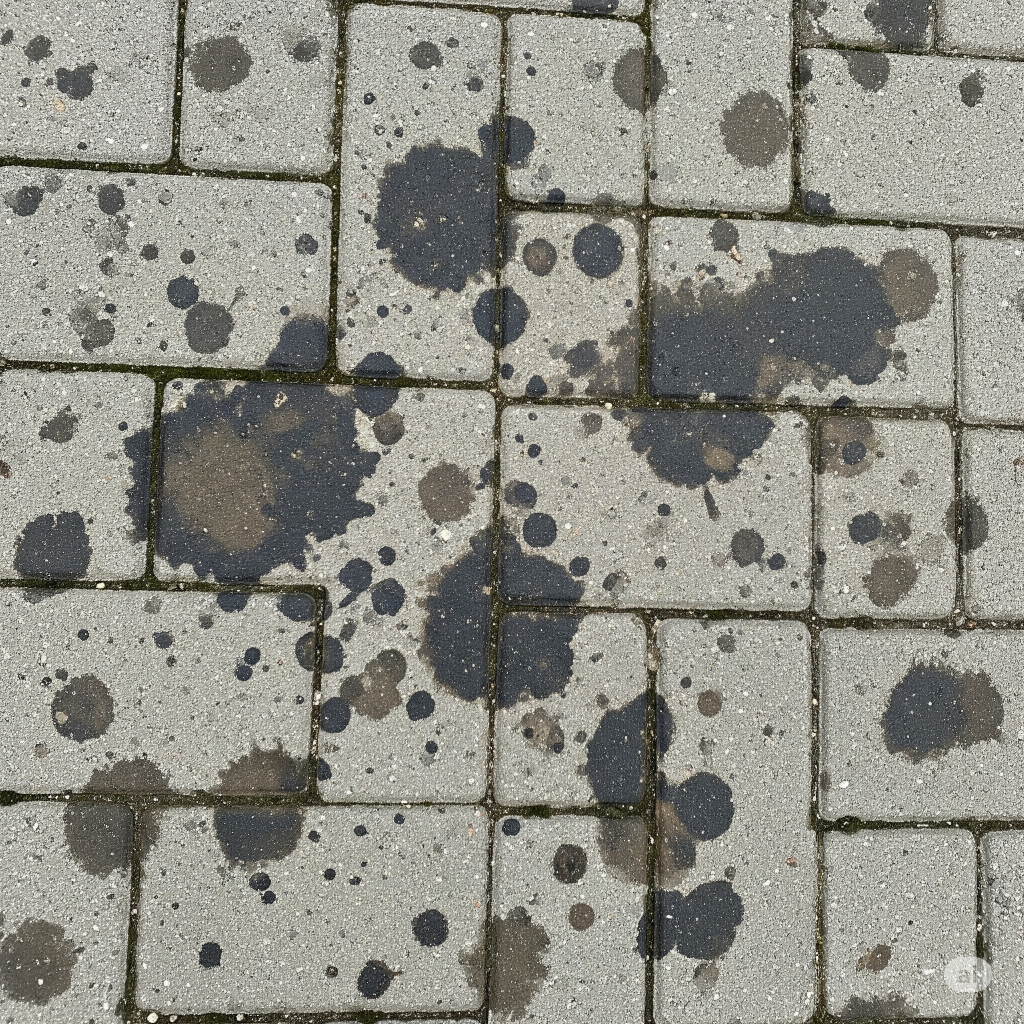 Close-up of a common problem: dark, unsightly oil and liquid stains deeply absorbed into unsealed gray pavers