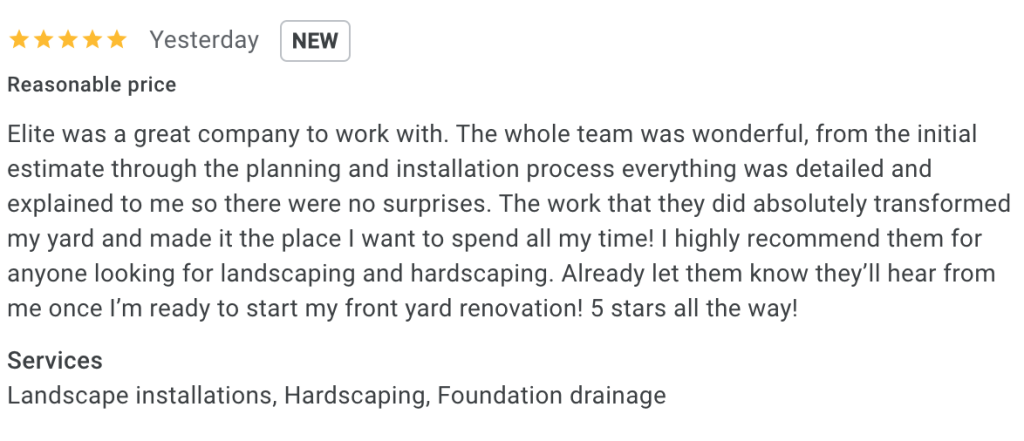 Google review for Elite Coastal Landscaping services in Myrtle Beach, South Carolina.