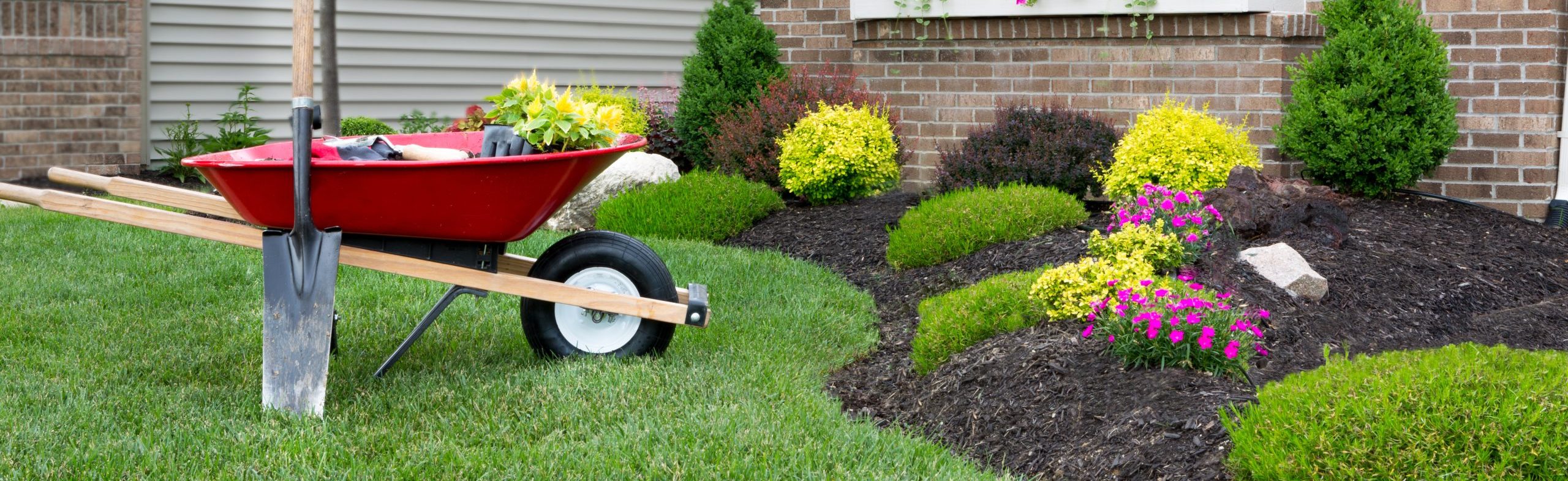 Wheelbarrow standing on a neat manicured green lawn